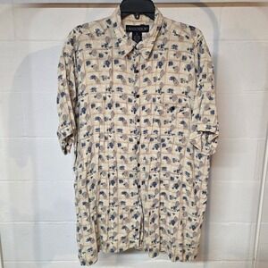 Vintage Addendum Mens XL Short Sleeve Shirt Rayon Geometric Abstract Tan Blue